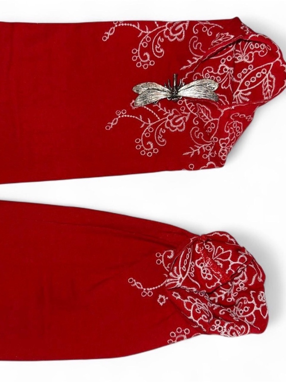 HUE Red Capri Leggings with White Embroidered Hem Medium Retro Style - Picture 5 of 8